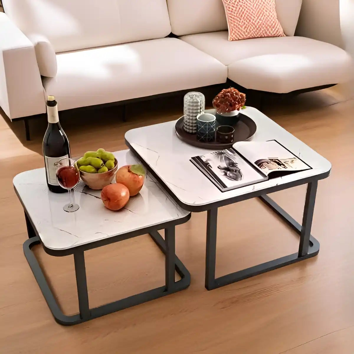 Stylish Square Tethered Black Metallic Finish Table Set of 2