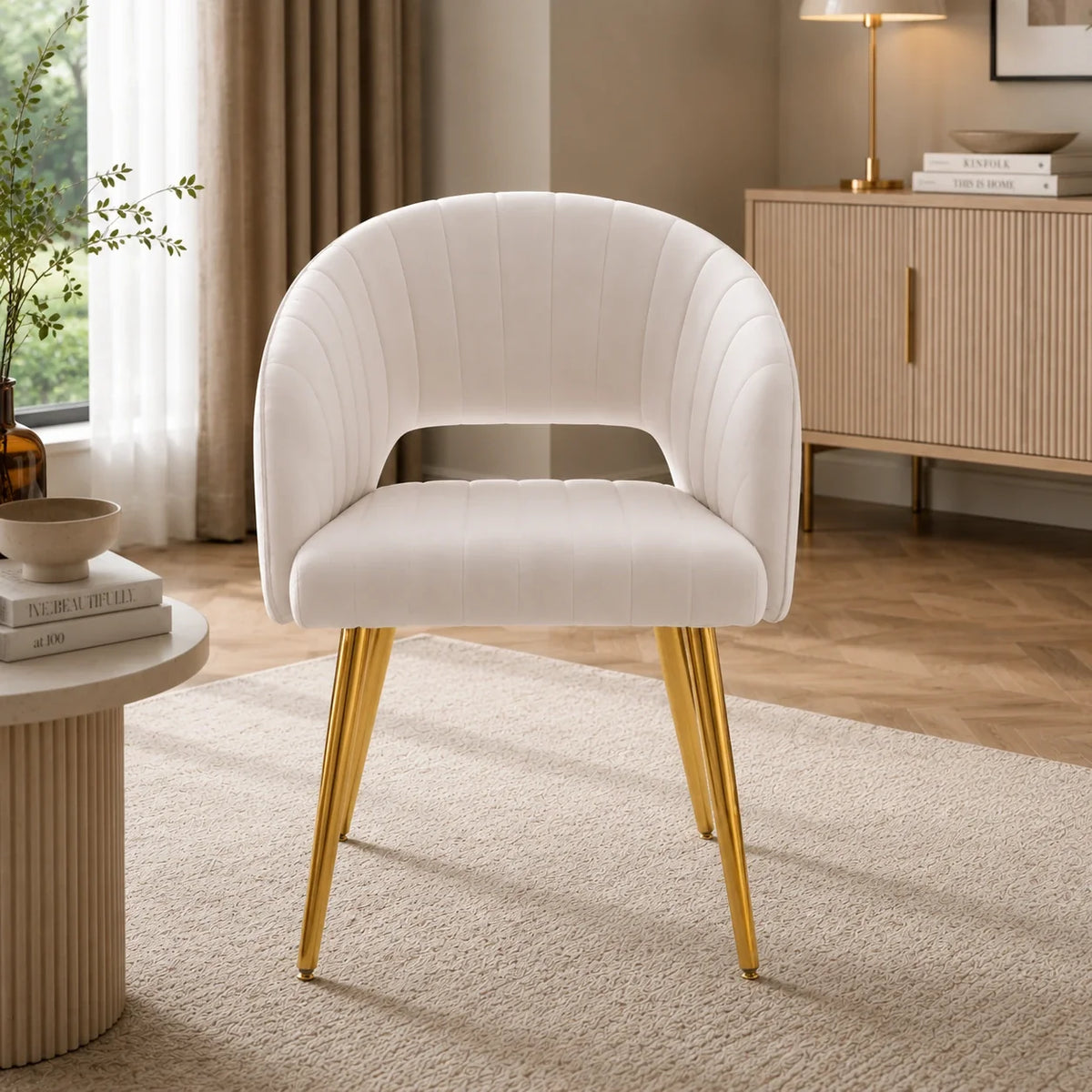 Stylish White Dining Accent Chair with Polished Gold Legs