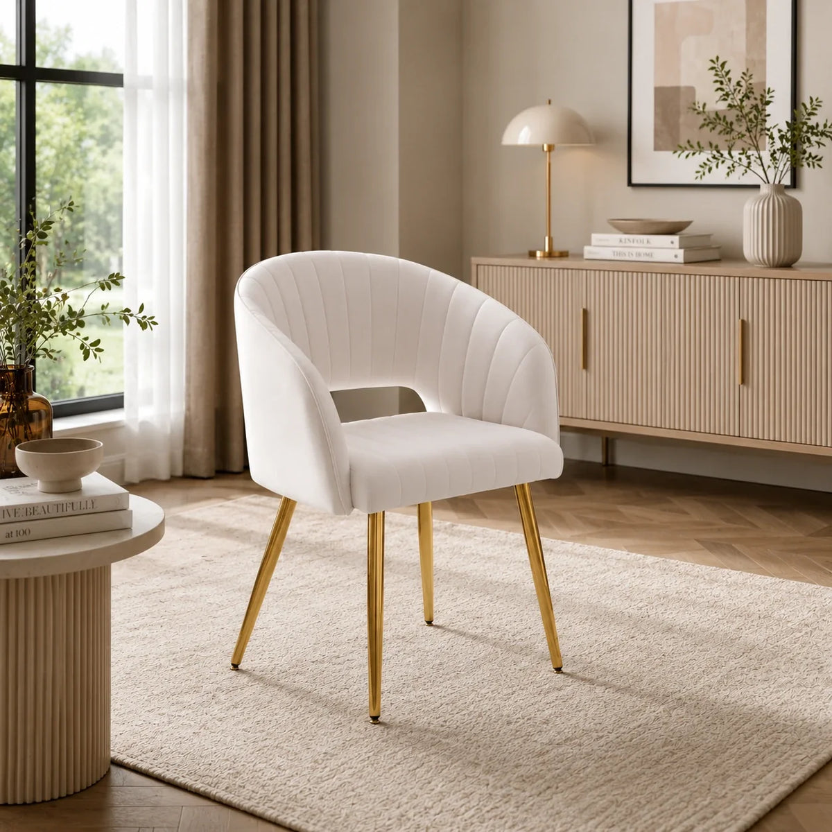 Stylish White Dining Accent Chair with Polished Gold Legs