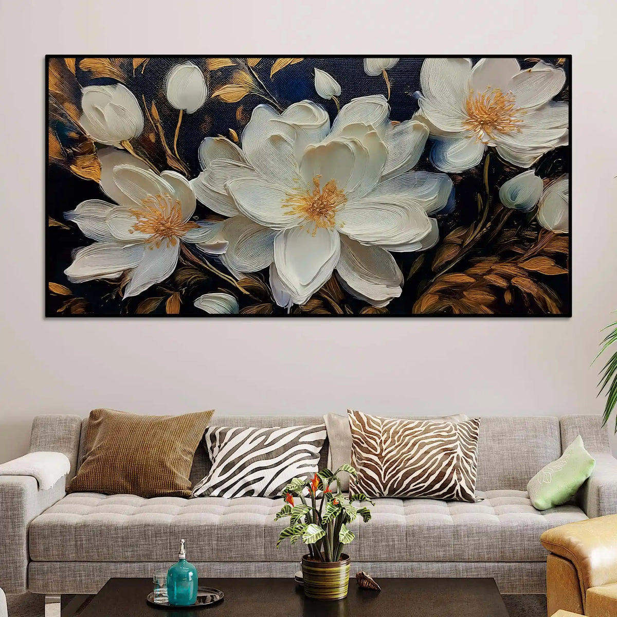 Stylish White Floral Canvas Wall Painting Office & Home Decor