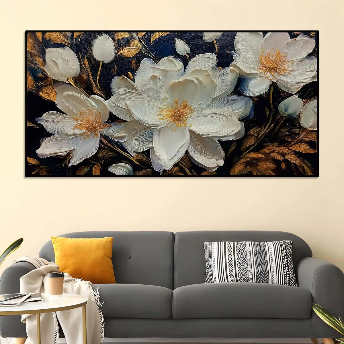 Stylish White Floral Canvas Wall Painting Office & Home Decor