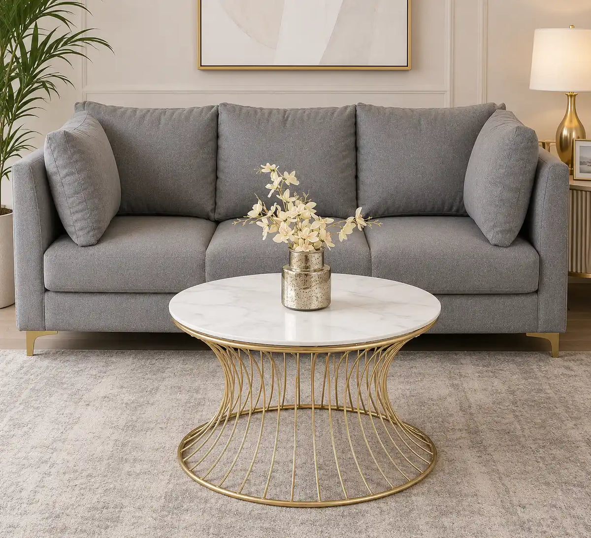 Stylish Wire Base Center Table with Round Marble Surface