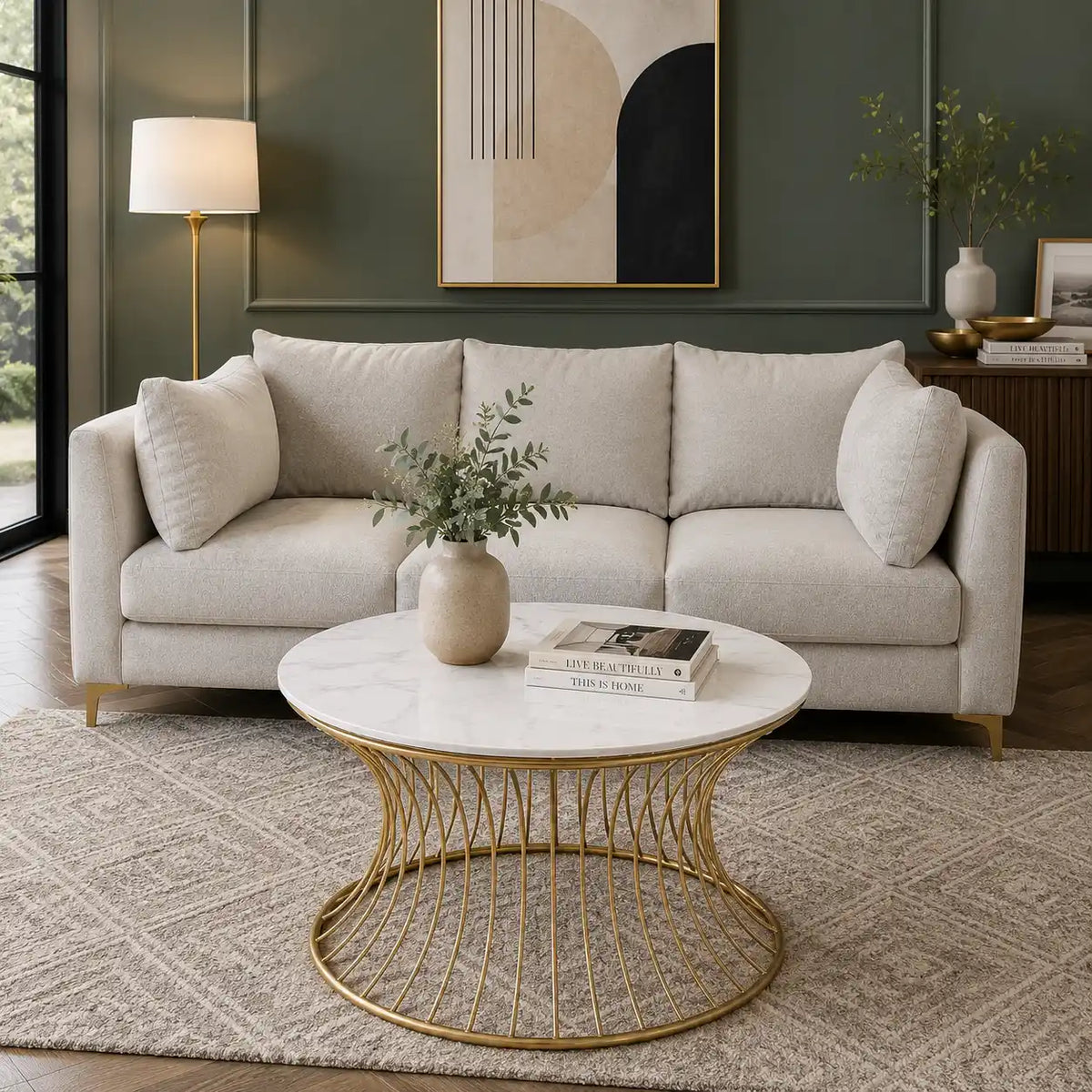 Stylish Wire Base Center Table with Round Marble Surface