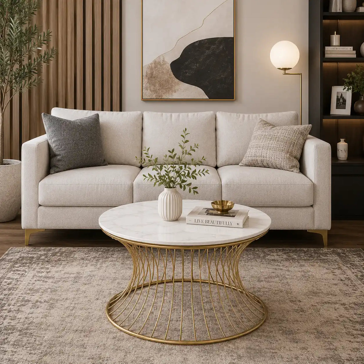 Stylish Wire Base Center Table with Round Marble Surface