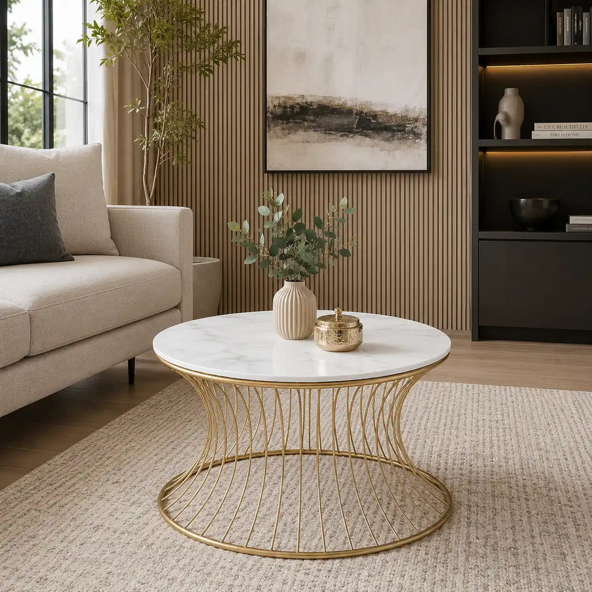 Stylish Wire Base Center Table with Round Marble Surface