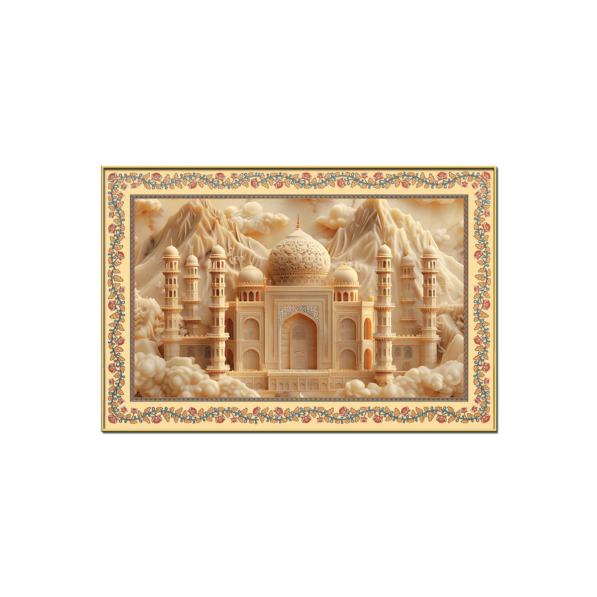 Taj Mahal Majestic Mosque Floral Border Canvas Wall Painting