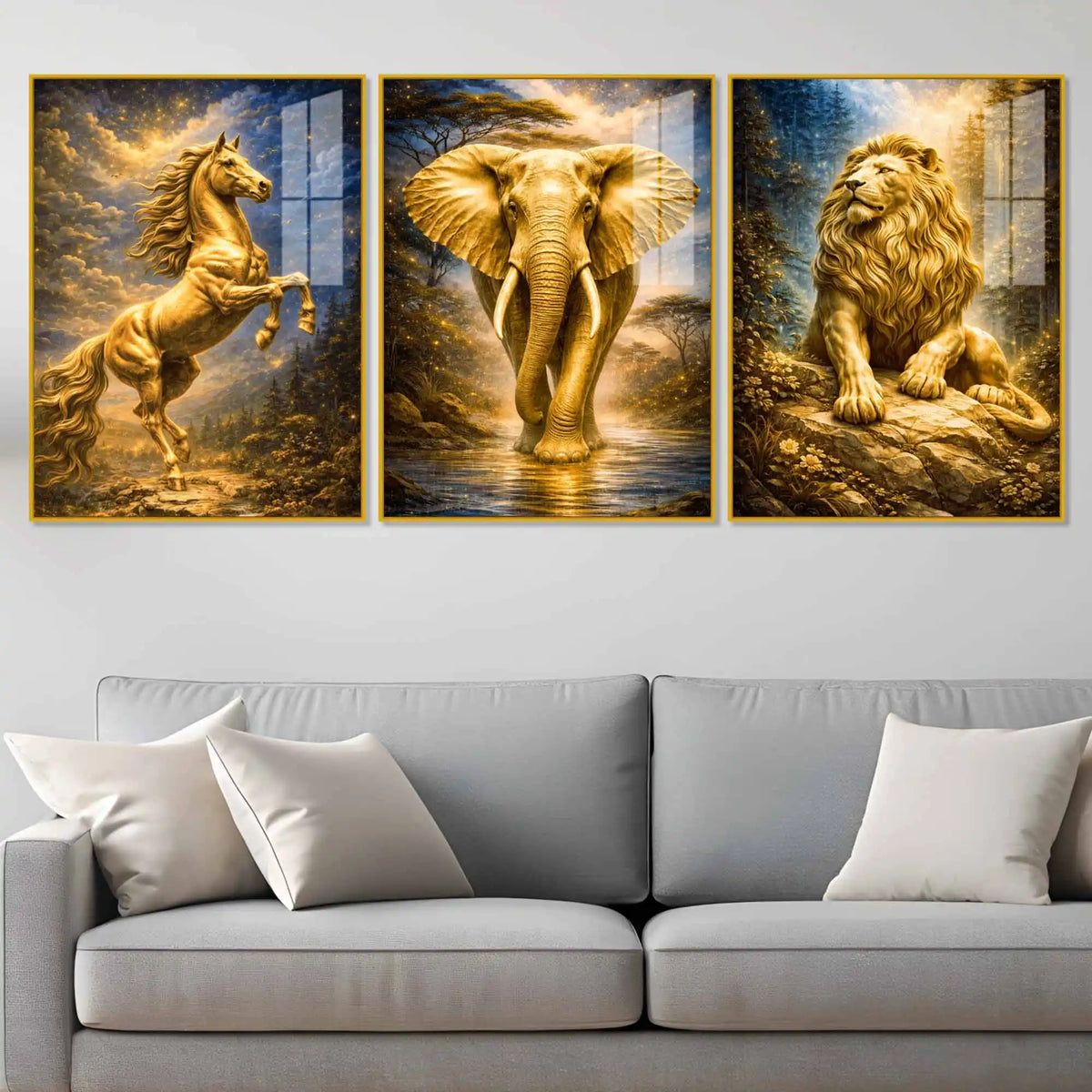 The Golden Trinity Golden Horse Elephant Lion Acrylic Floating Wall Painting Set of 3