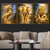 The Golden Trinity Golden Horse Elephant Lion Acrylic Floating Wall Painting Set of 3