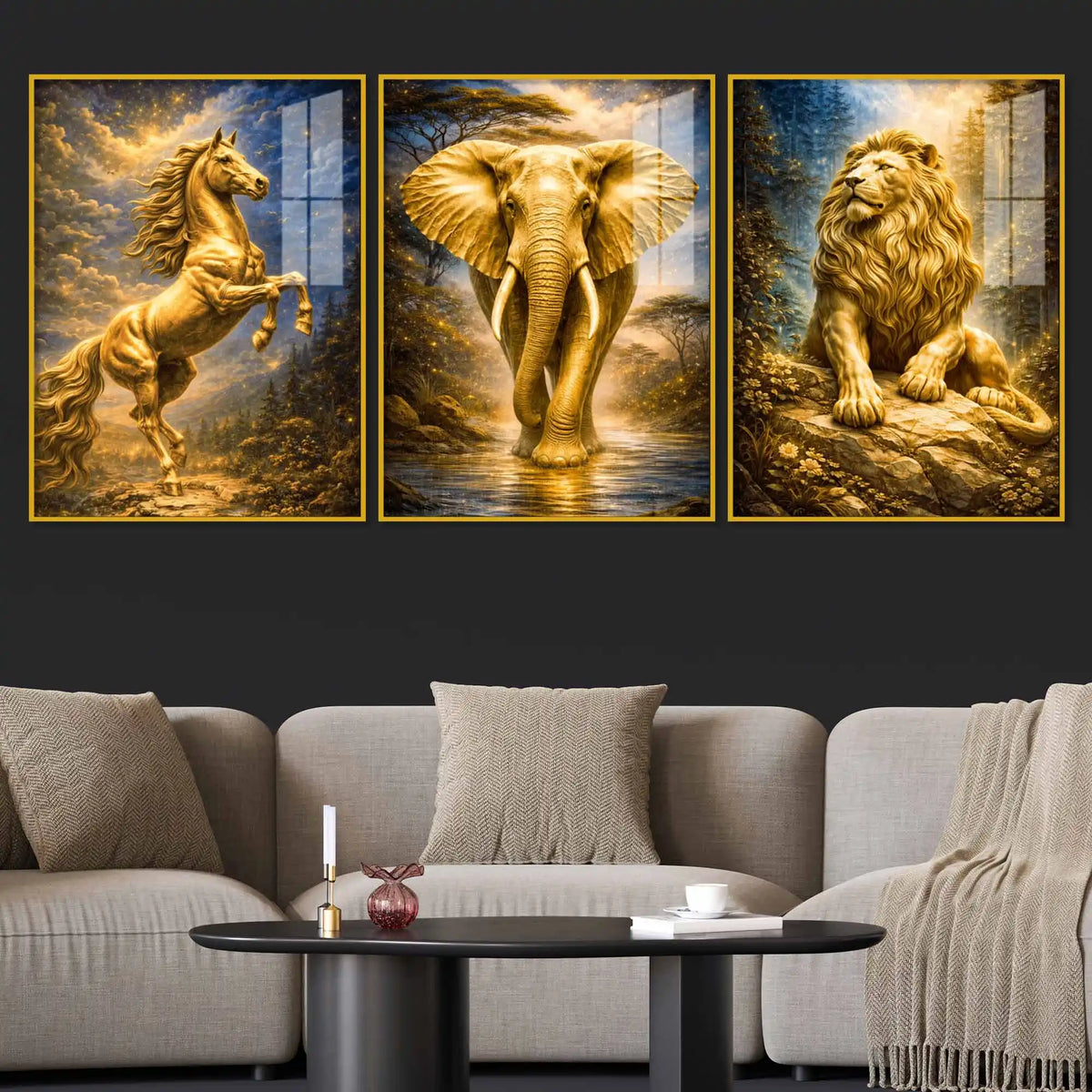 The Golden Trinity Golden Horse Elephant Lion Acrylic Floating Wall Painting Set of 3
