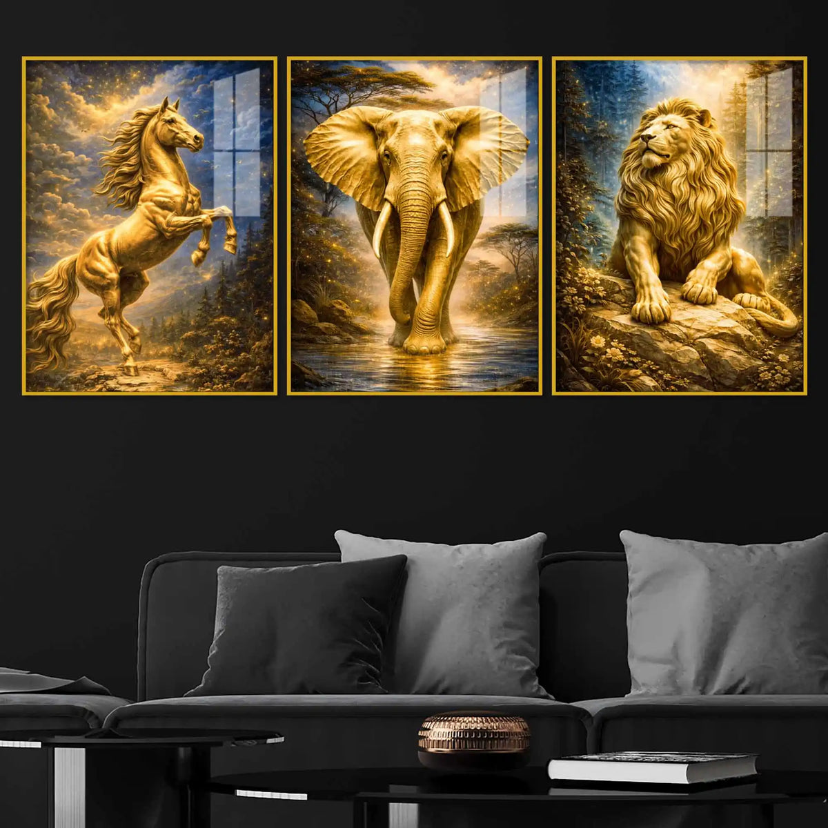 The Golden Trinity Golden Horse Elephant Lion Acrylic Floating Wall Painting Set of 3
