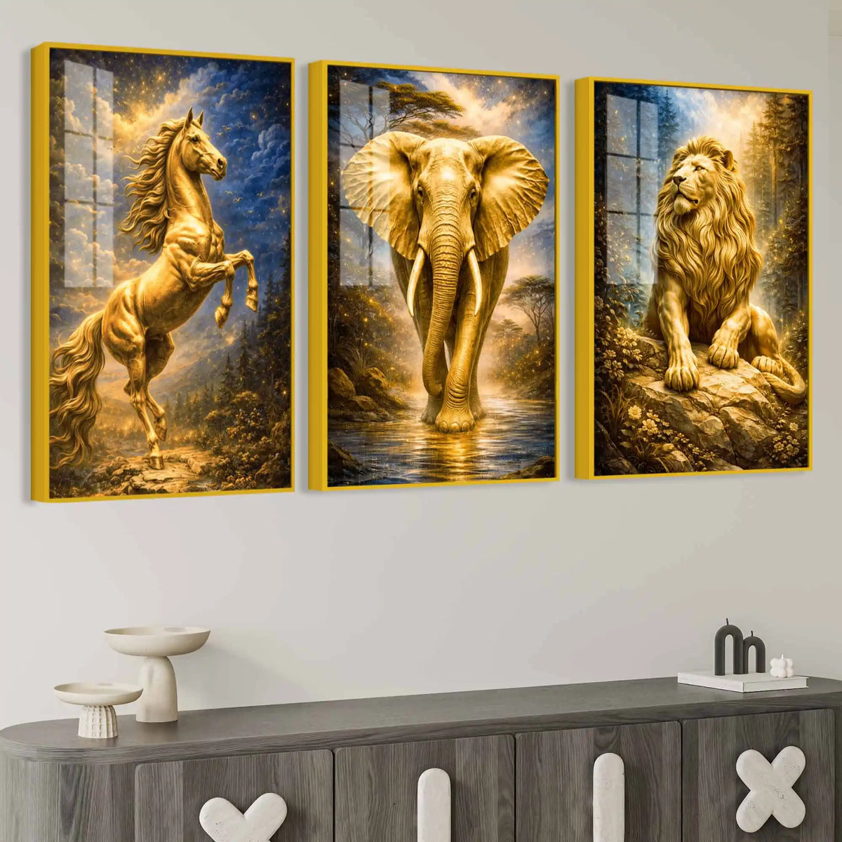 The Golden Trinity Golden Horse Elephant Lion Acrylic Floating Wall Painting Set of 3