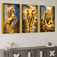 The Golden Trinity Golden Horse Elephant Lion Acrylic Floating Wall Painting Set of 3