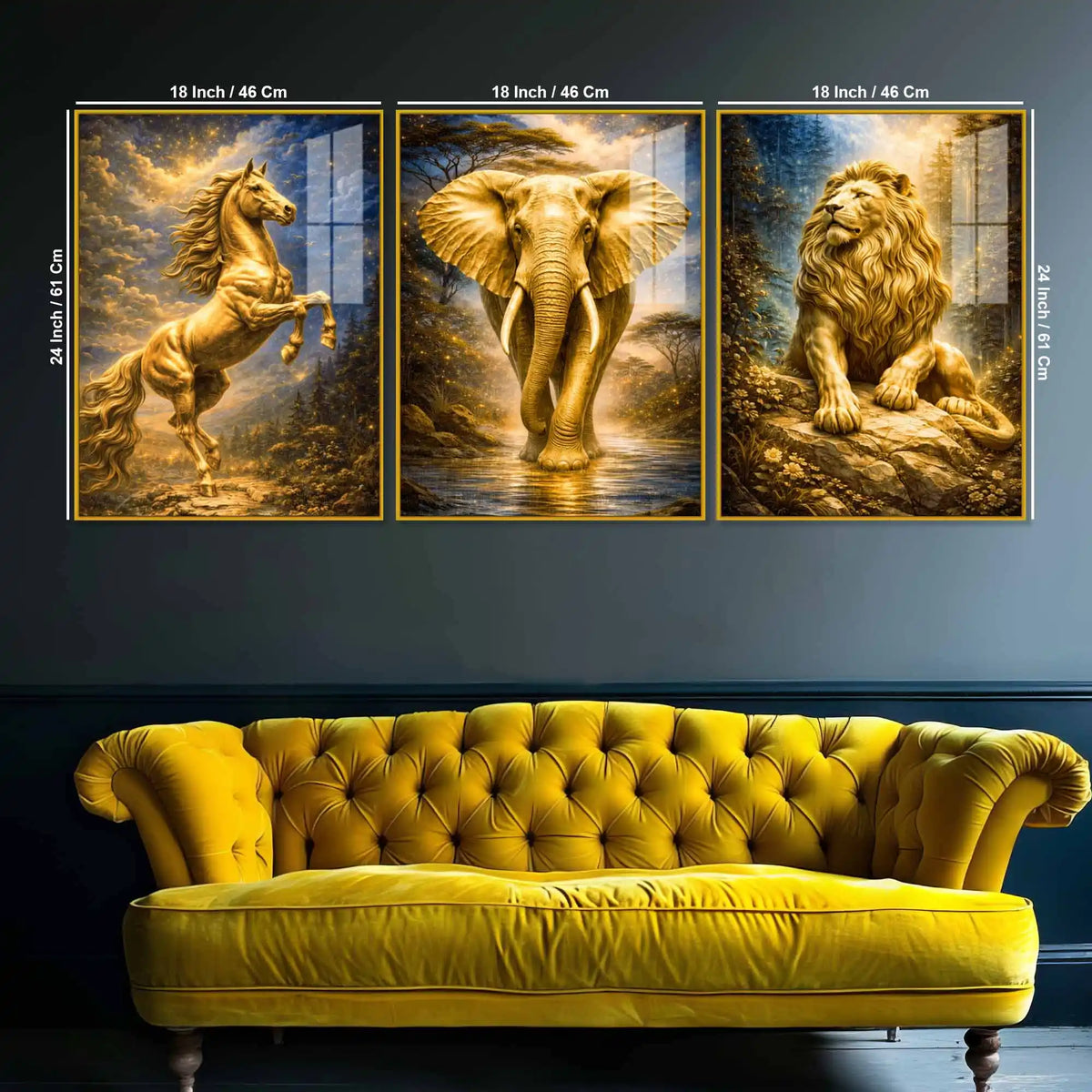 The Golden Trinity Golden Horse Elephant Lion Acrylic Floating Wall Painting Set of 3