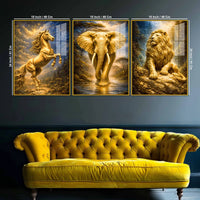 The Golden Trinity Golden Horse Elephant Lion Acrylic Floating Wall Painting Set of 3