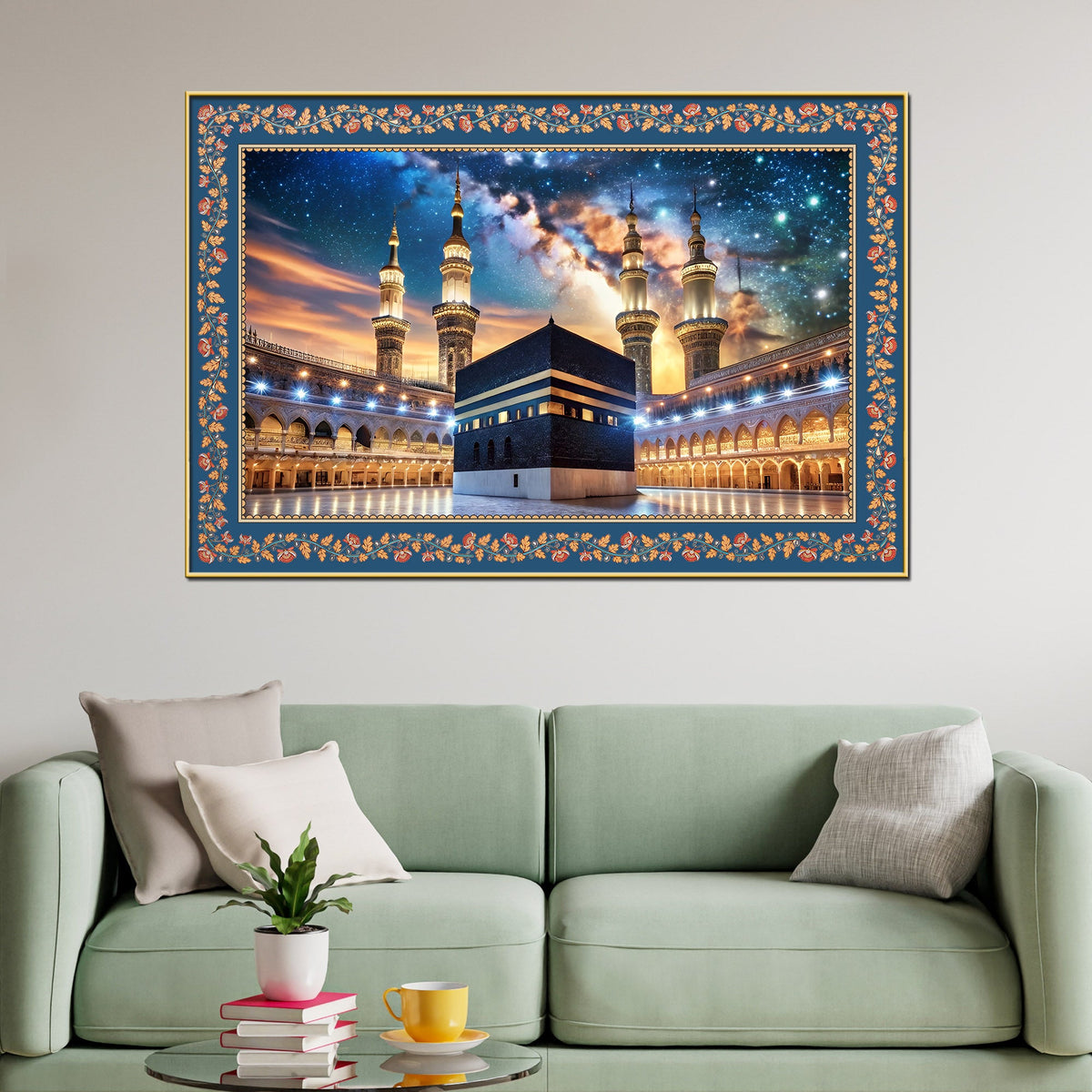 The Kaaba Masjid al-Haram Floral Border Canvas Wall Painting