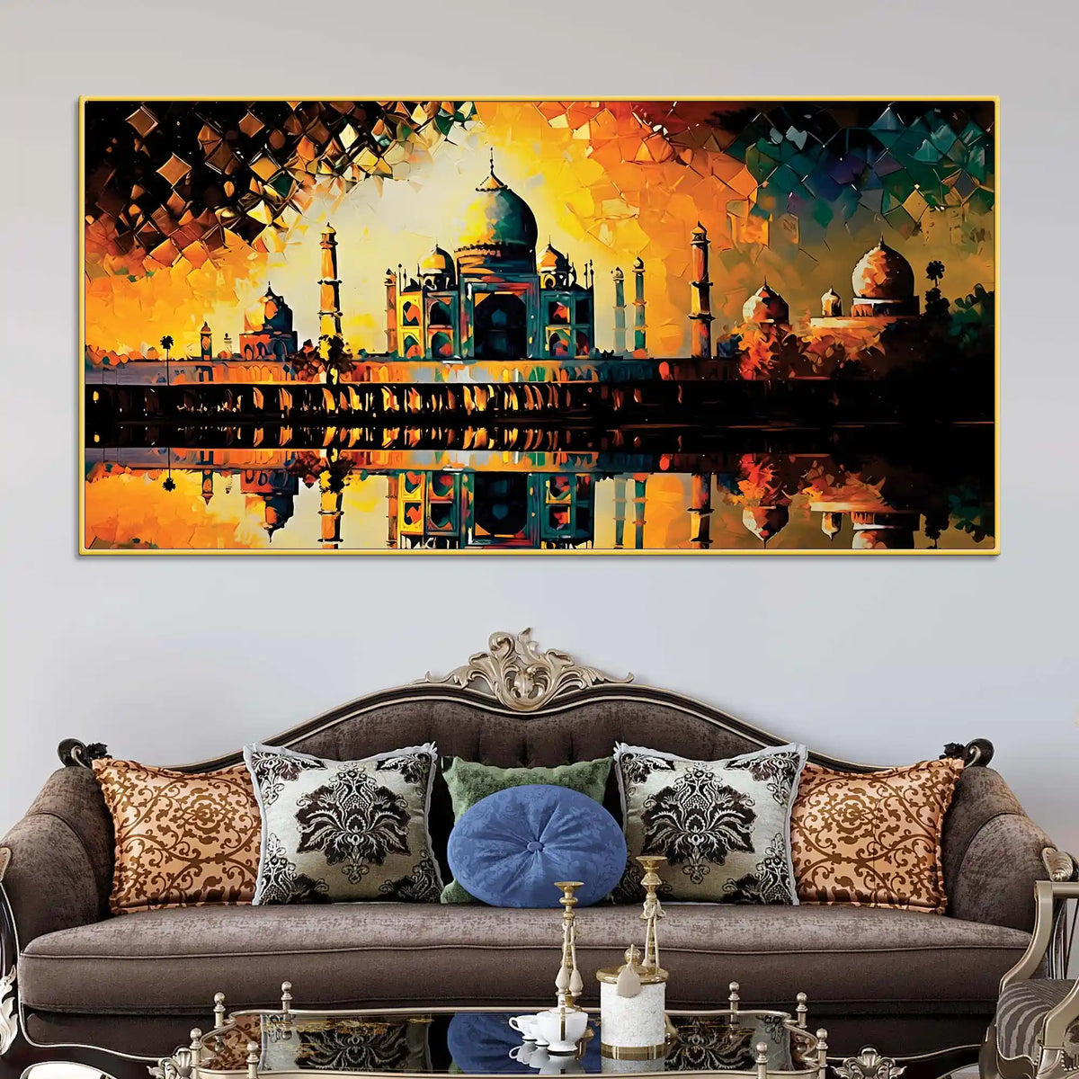 Timeless Beauty of the Taj Mahal in Radiant Sunset Glow Abstract Canvas Wall Painting
