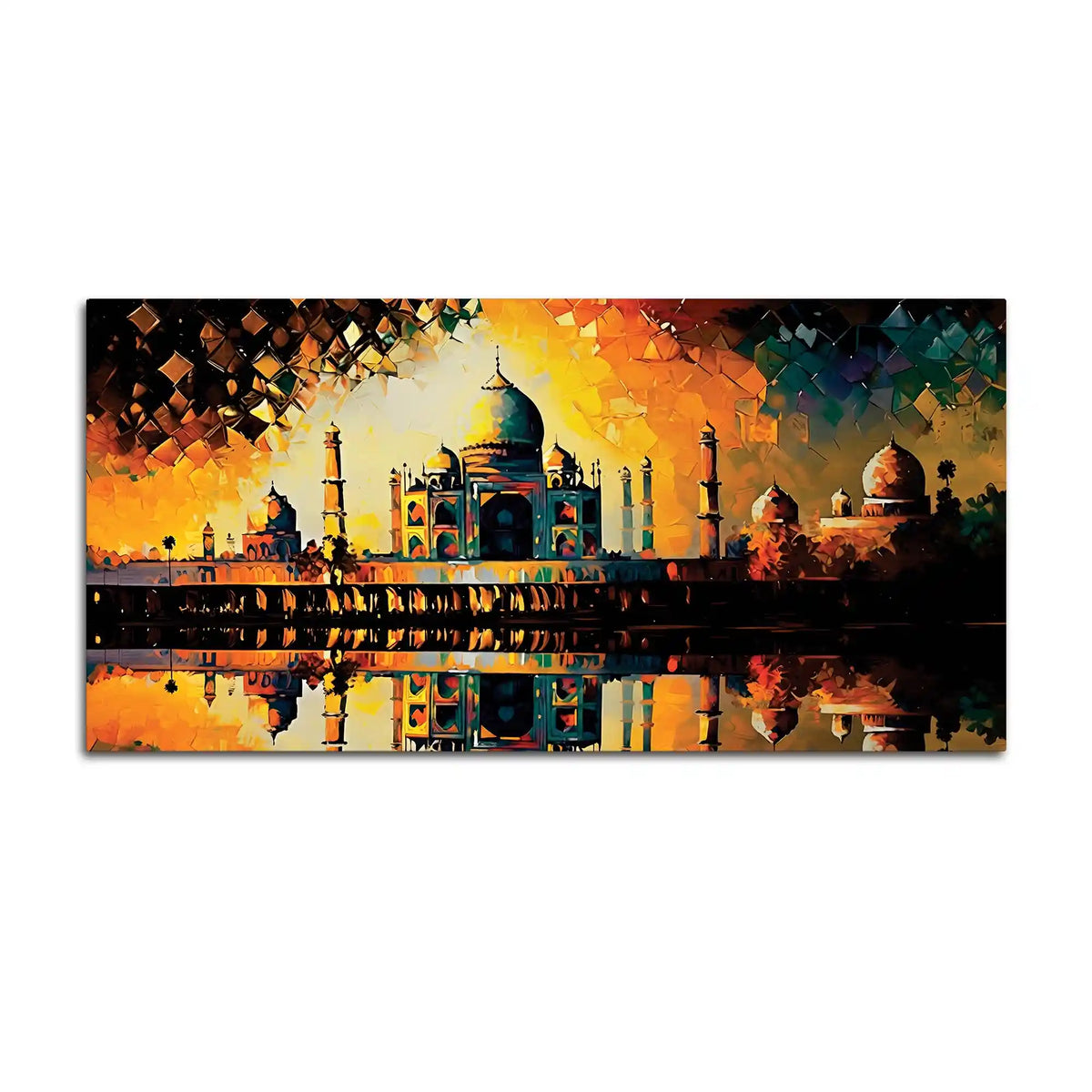Timeless Beauty of the Taj Mahal in Radiant Sunset Glow Abstract Canvas Wall Painting