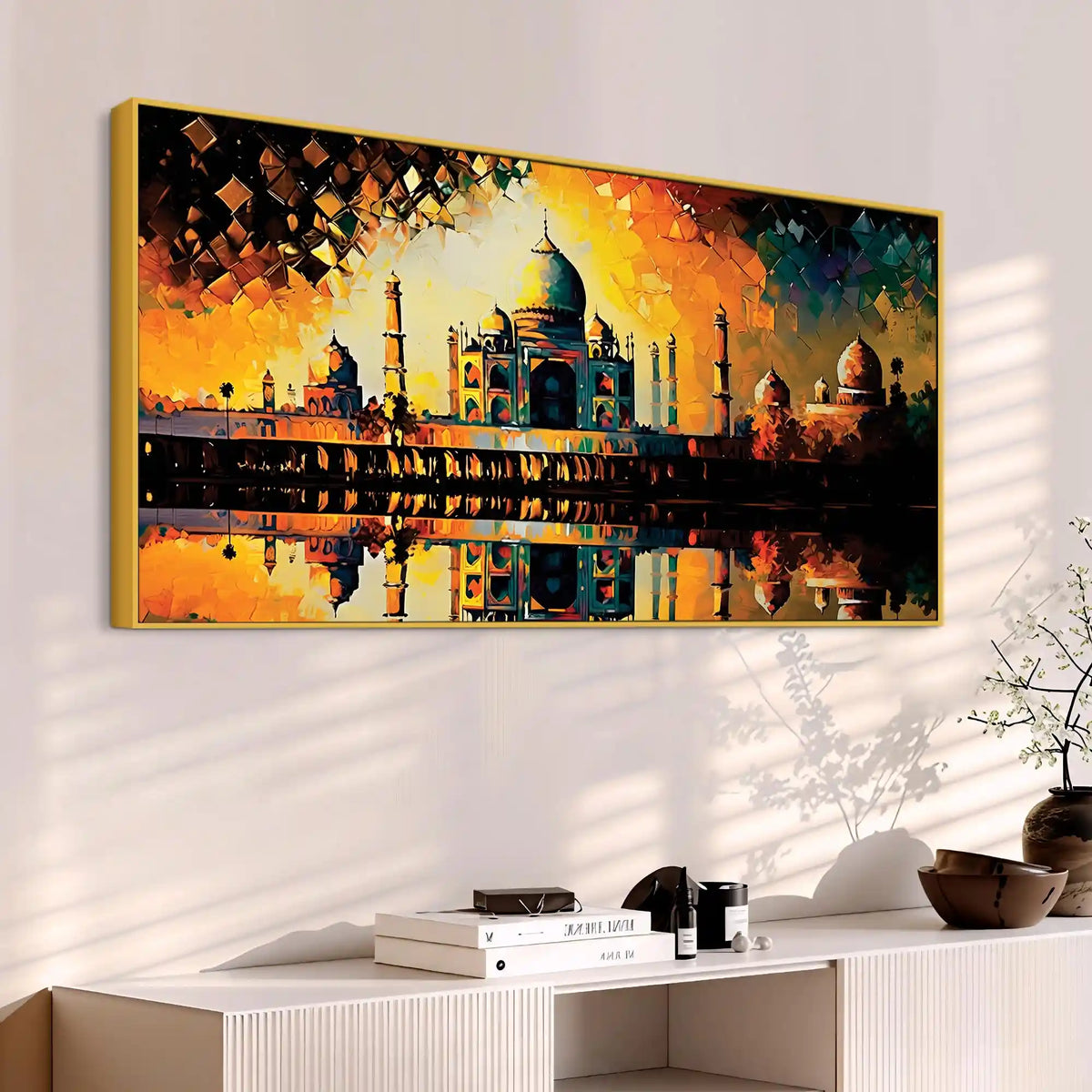 Timeless Beauty of the Taj Mahal in Radiant Sunset Glow Abstract Canvas Wall Painting