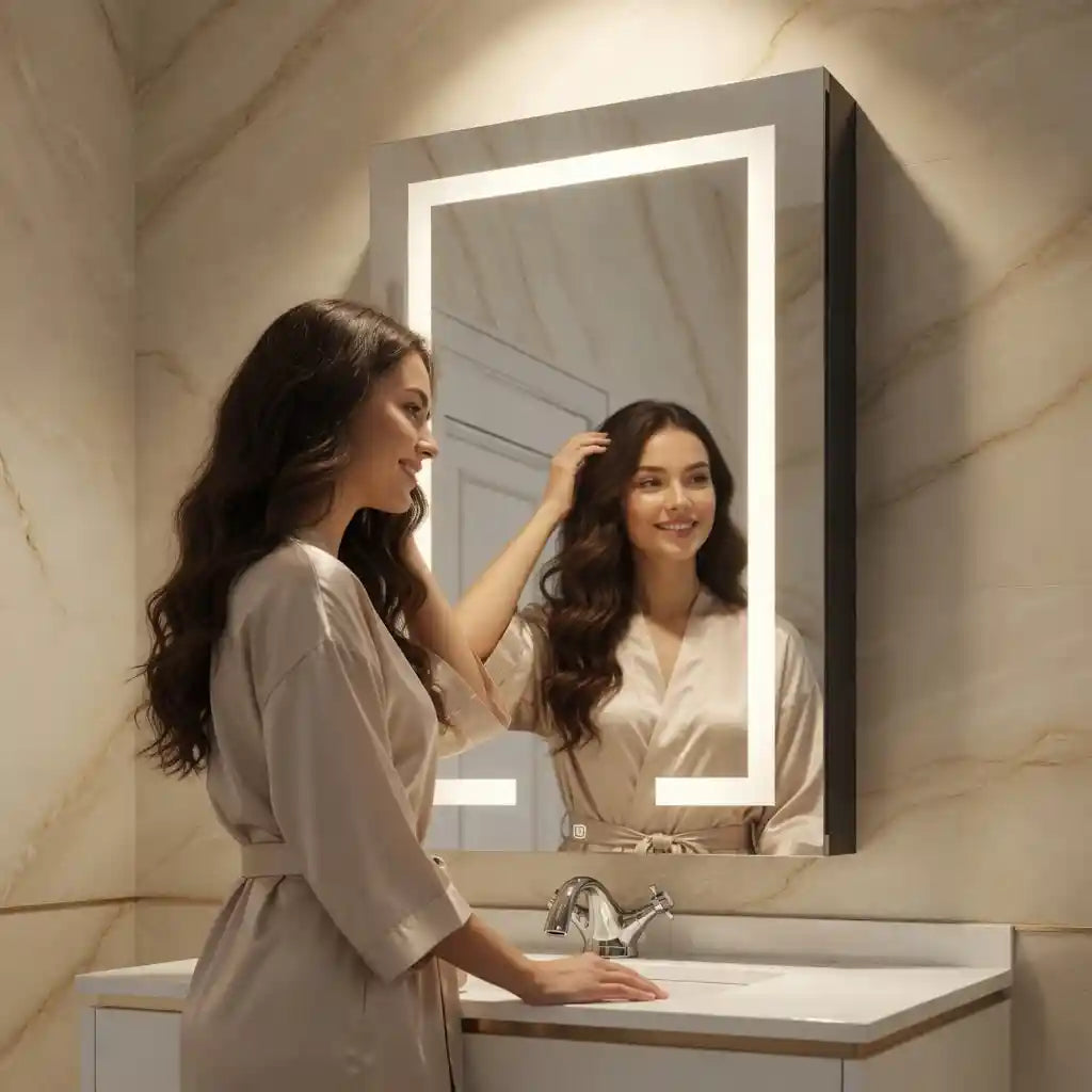 Touch LED Mirror Cabinet with Bold Vertical Light & Compact Storage
