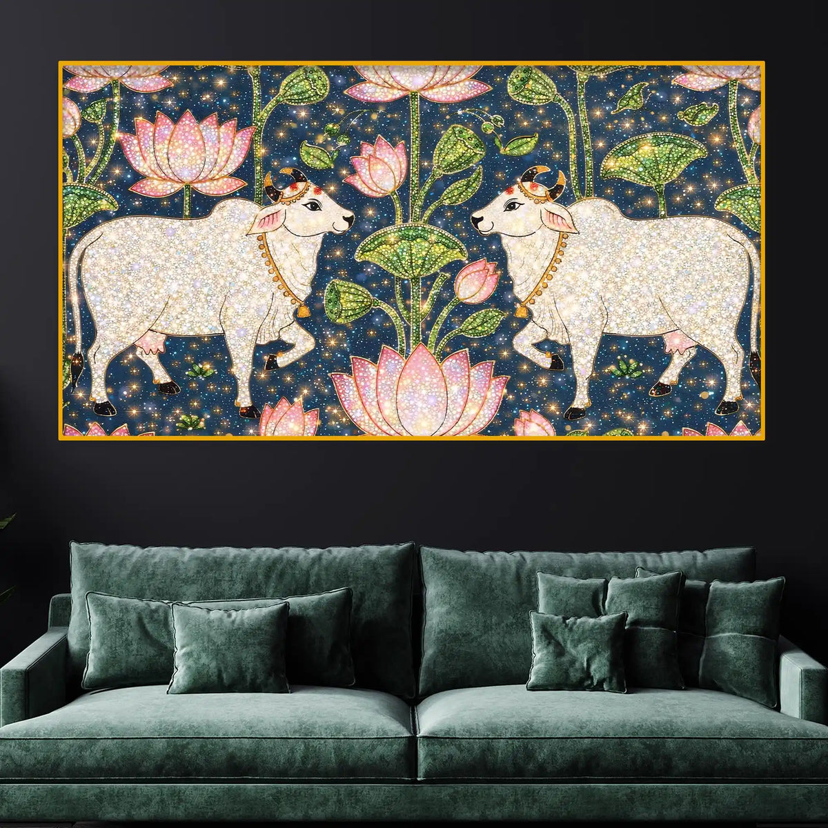 Traditional Indian Cow Art with Lotus Crystal Glass Wall Painting