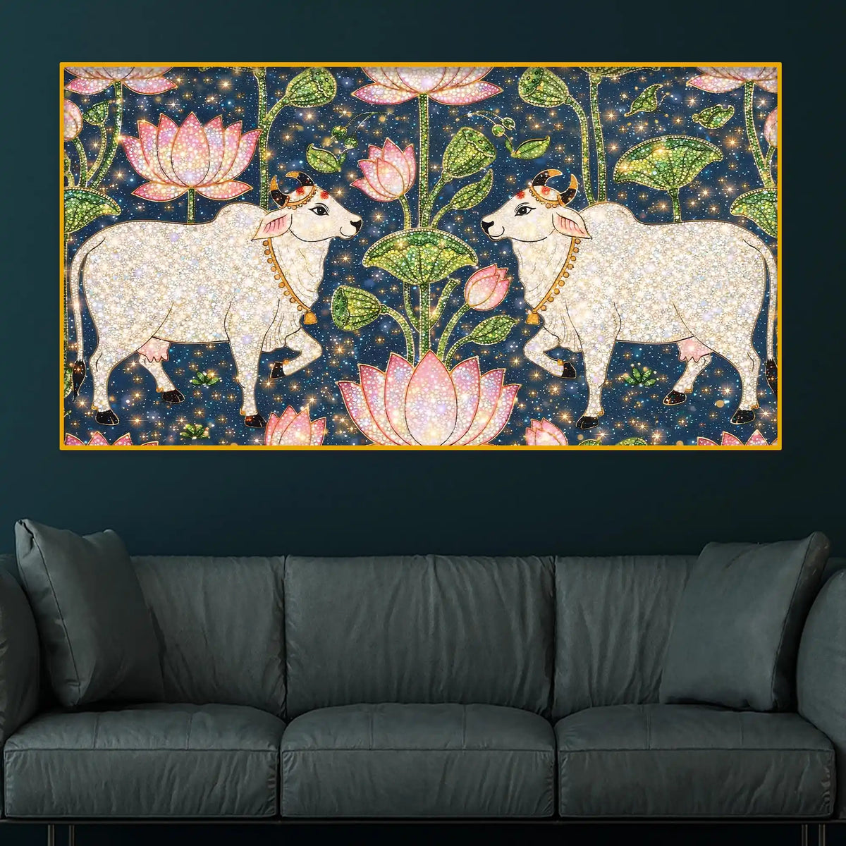 Traditional Indian Cow Art with Lotus Crystal Glass Wall Painting