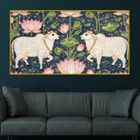 Traditional Indian Cow Art with Lotus Crystal Glass Wall Painting