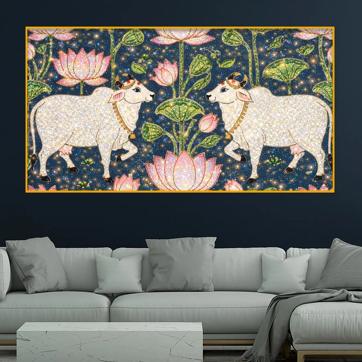 Traditional Indian Cow Art with Lotus Crystal Glass Wall Painting
