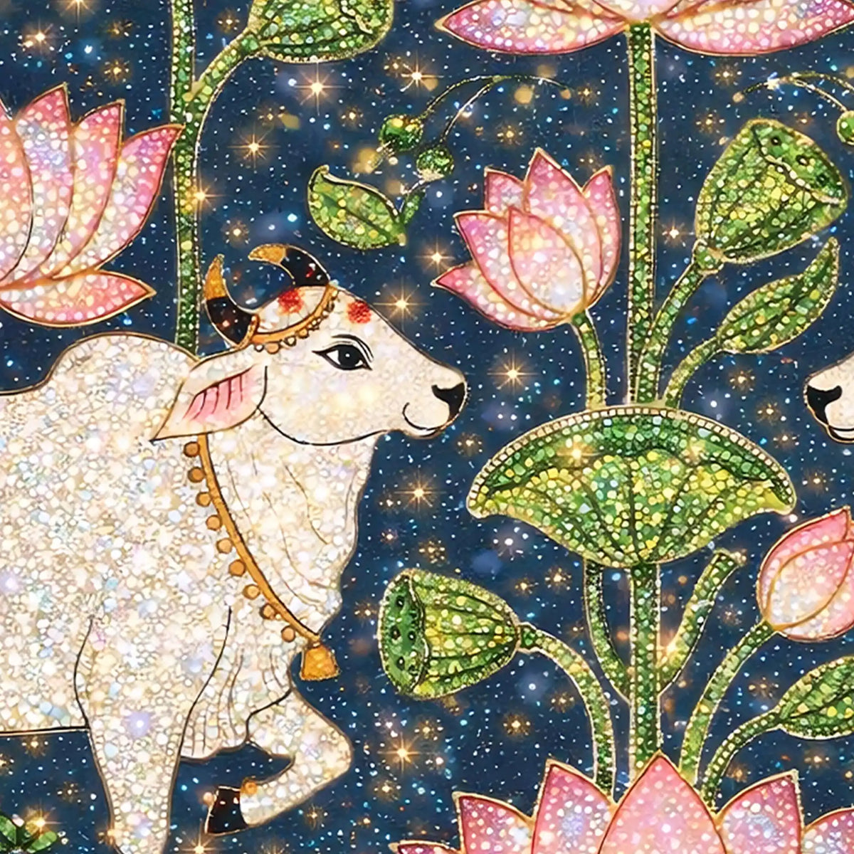 Traditional Indian Cow Art with Lotus Crystal Glass Wall Painting