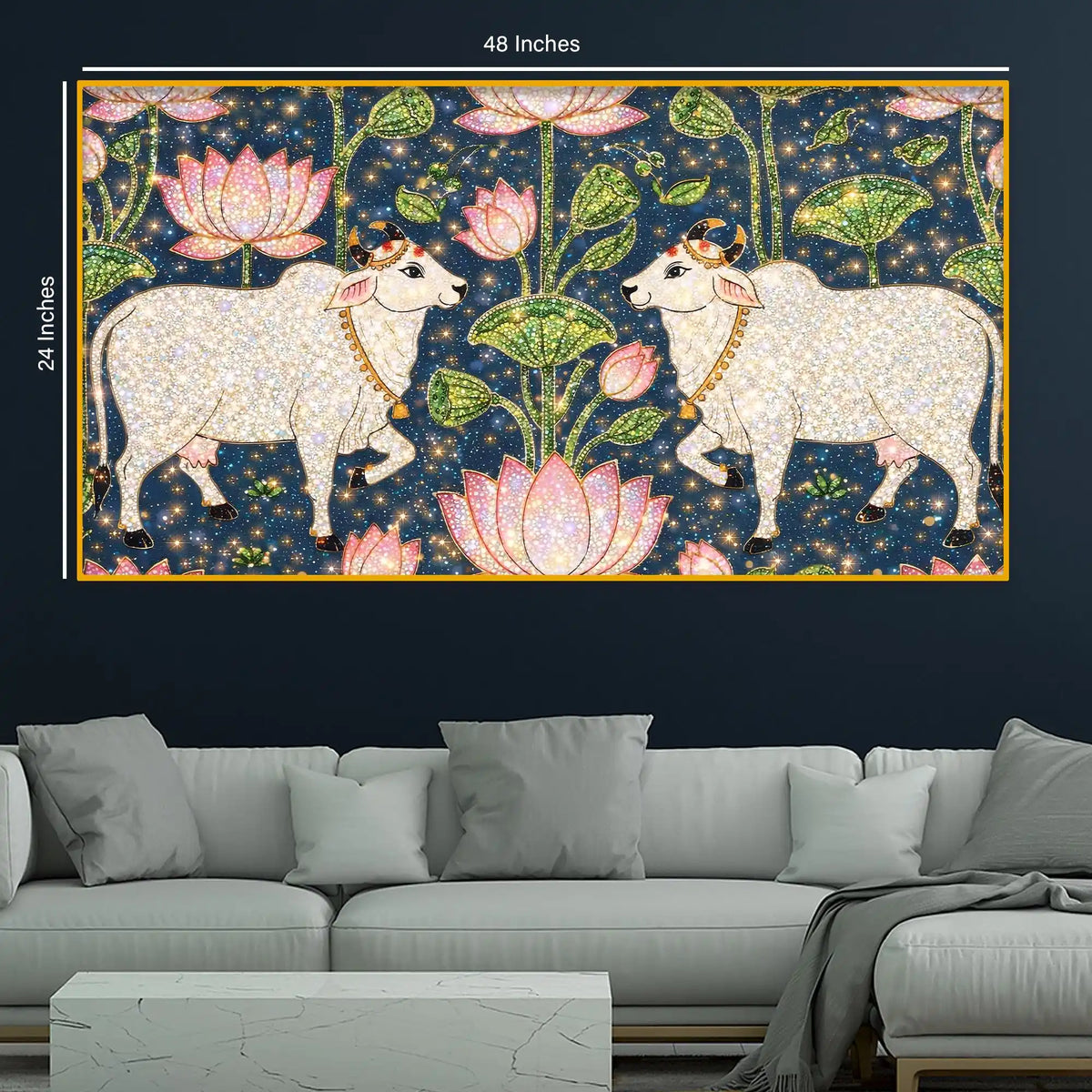 Traditional Indian Cow Art with Lotus Crystal Glass Wall Painting