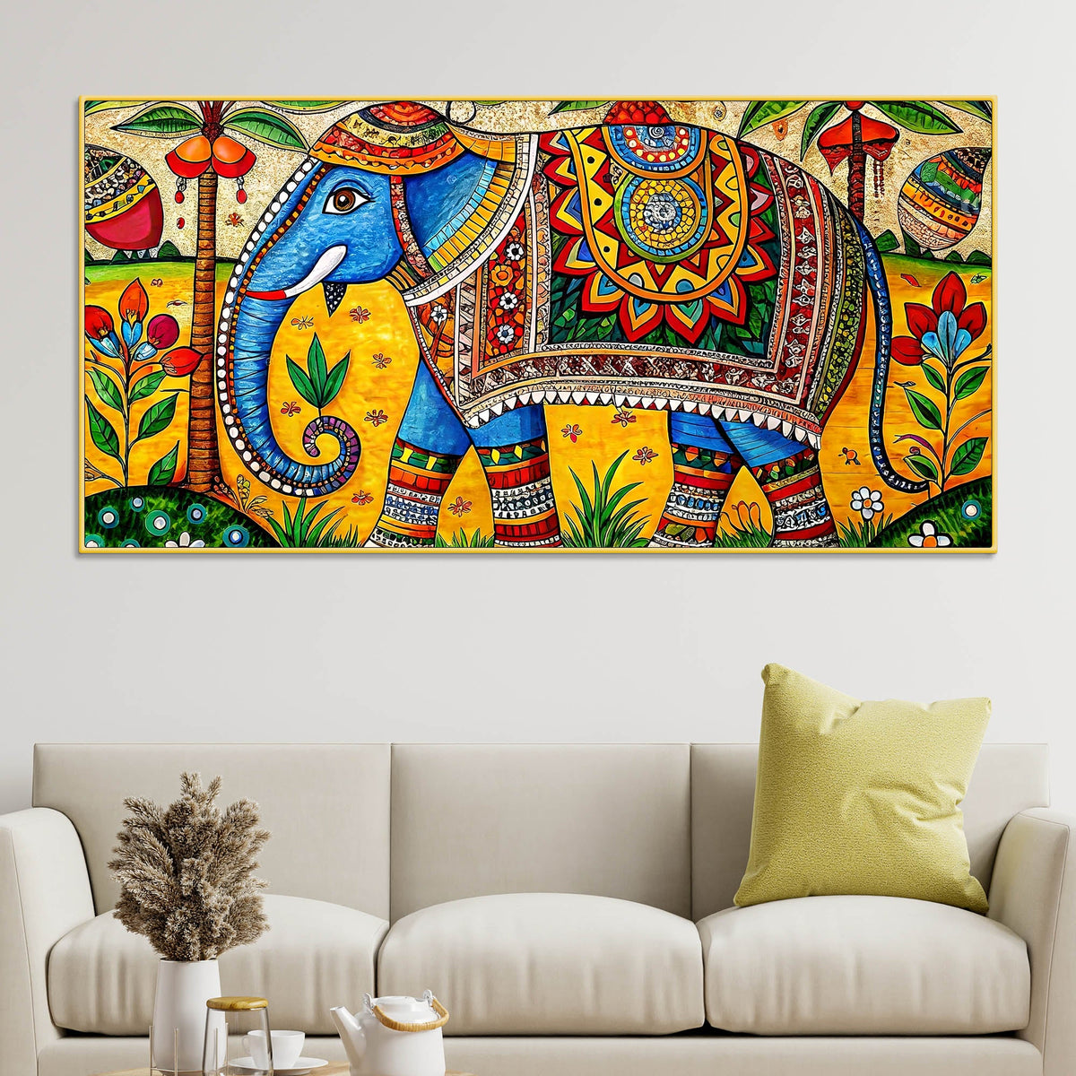 Traditional Indian Elephant Canvas Madhubani Wall Art Painting