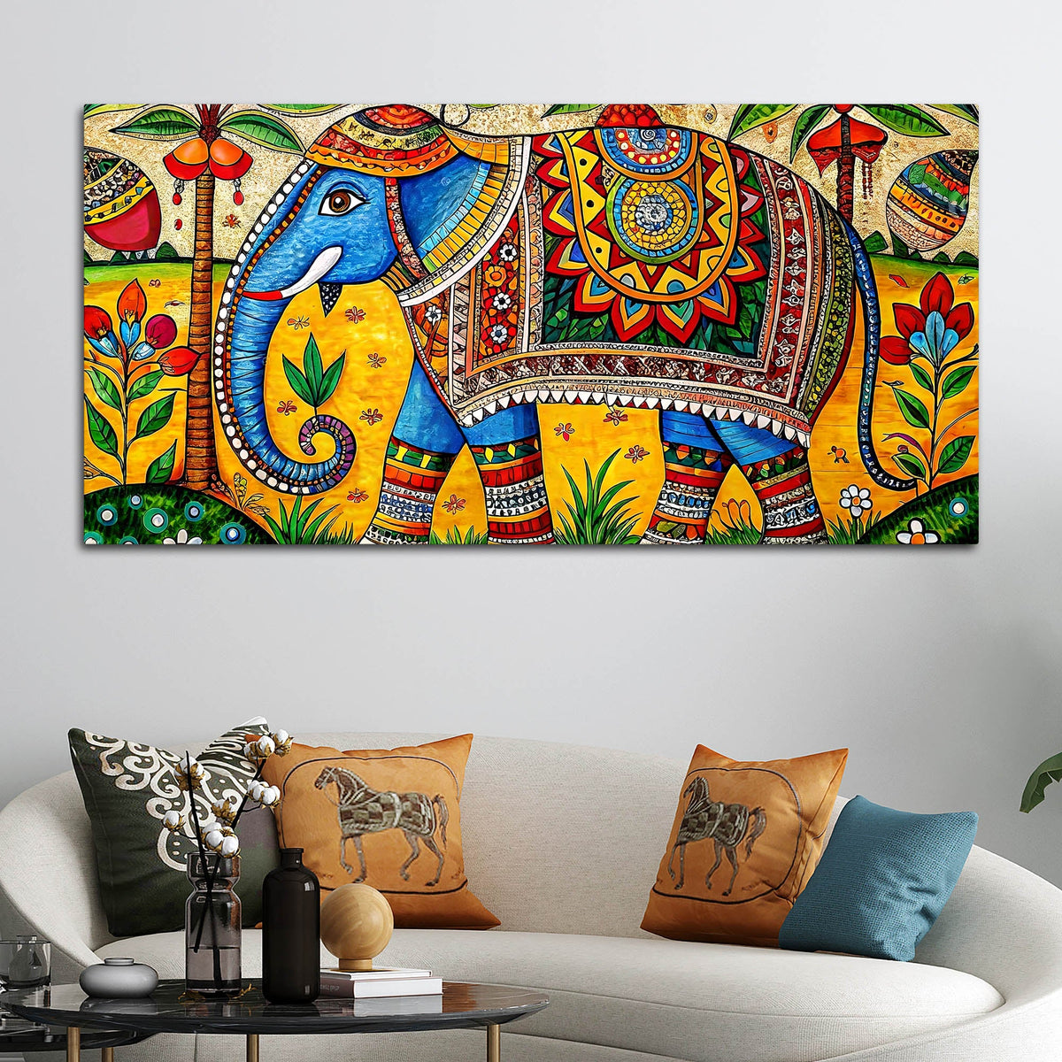 Traditional Indian Elephant Canvas Madhubani Wall Art Painting