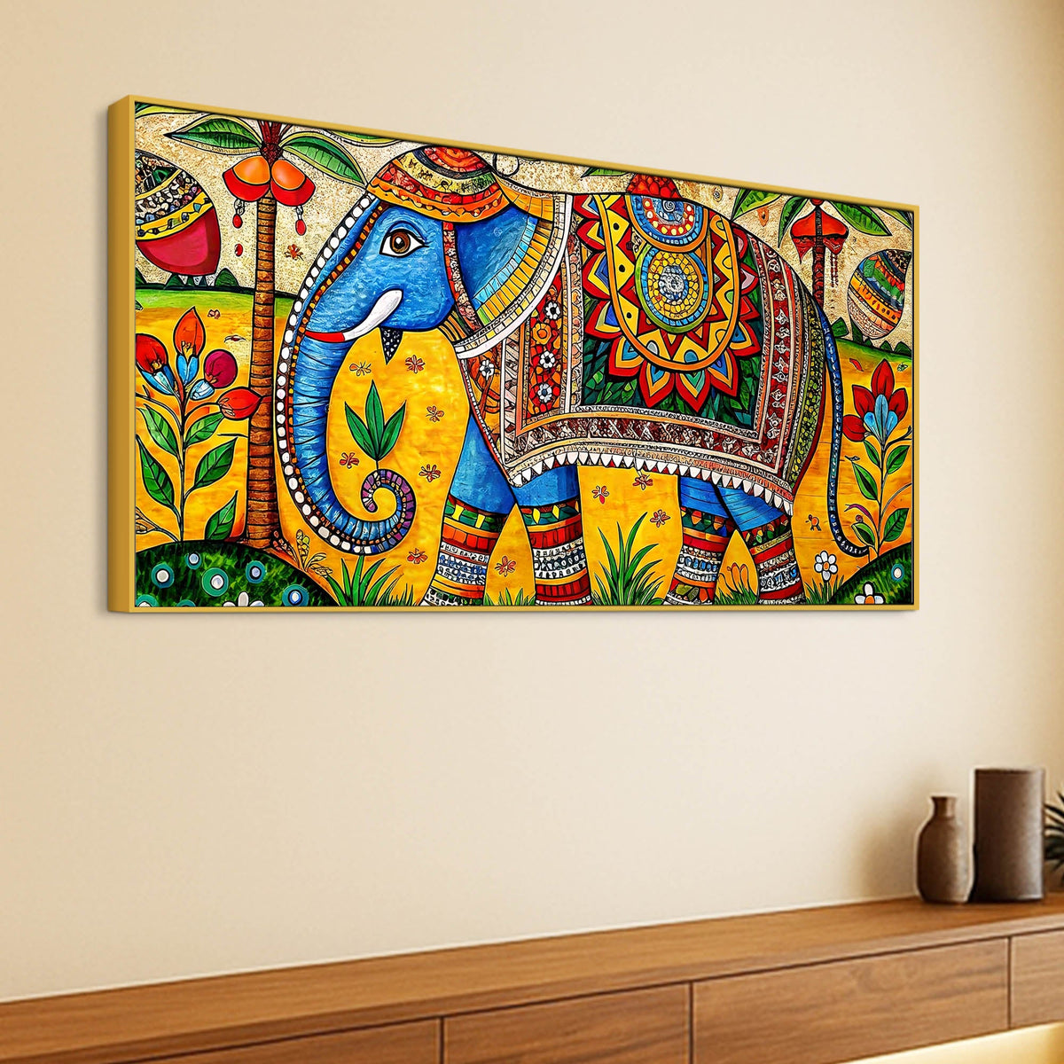 Traditional Indian Elephant Canvas Madhubani Wall Art Painting