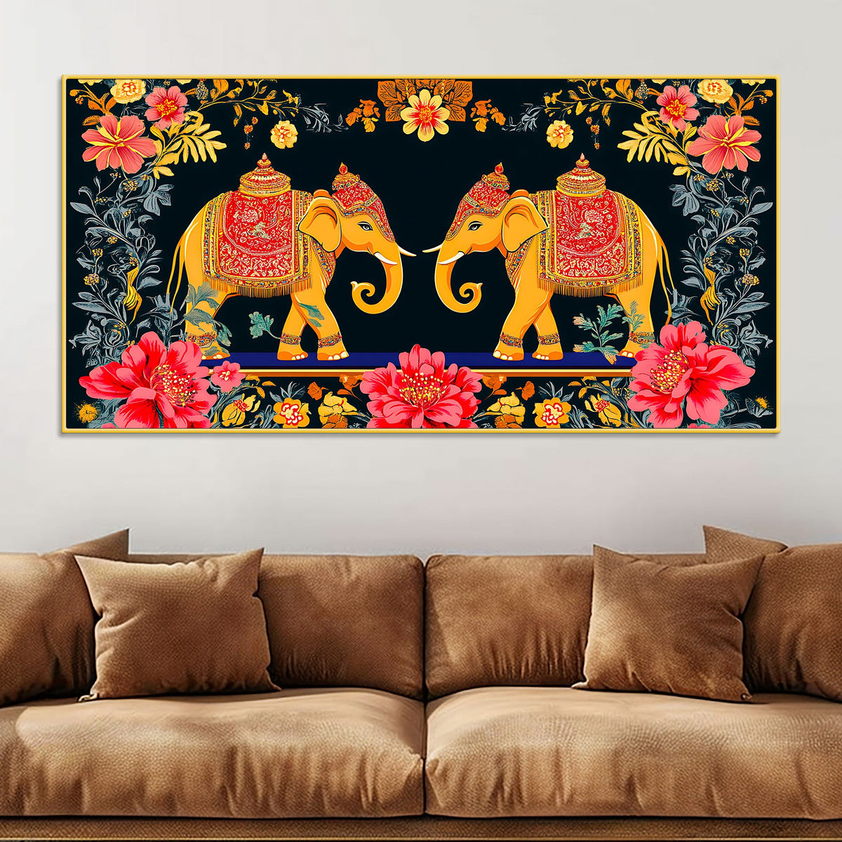 Traditional Indian Elephant Canvas Painting | Ethnic Floral Wall Painting