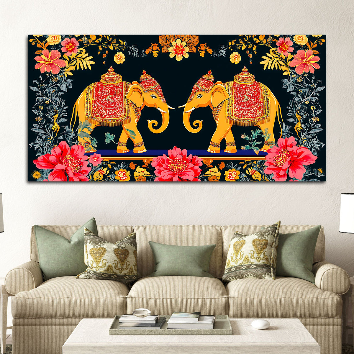 Traditional Indian Elephant Canvas Painting | Ethnic Floral Wall Painting