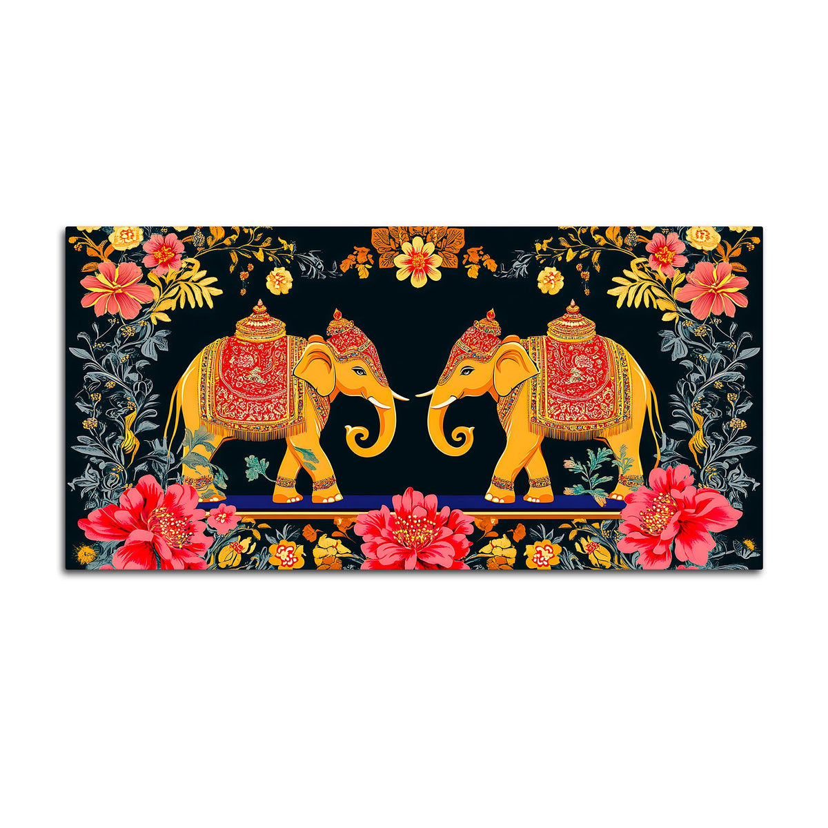 Traditional Indian Elephant Canvas Painting | Ethnic Floral Wall Painting