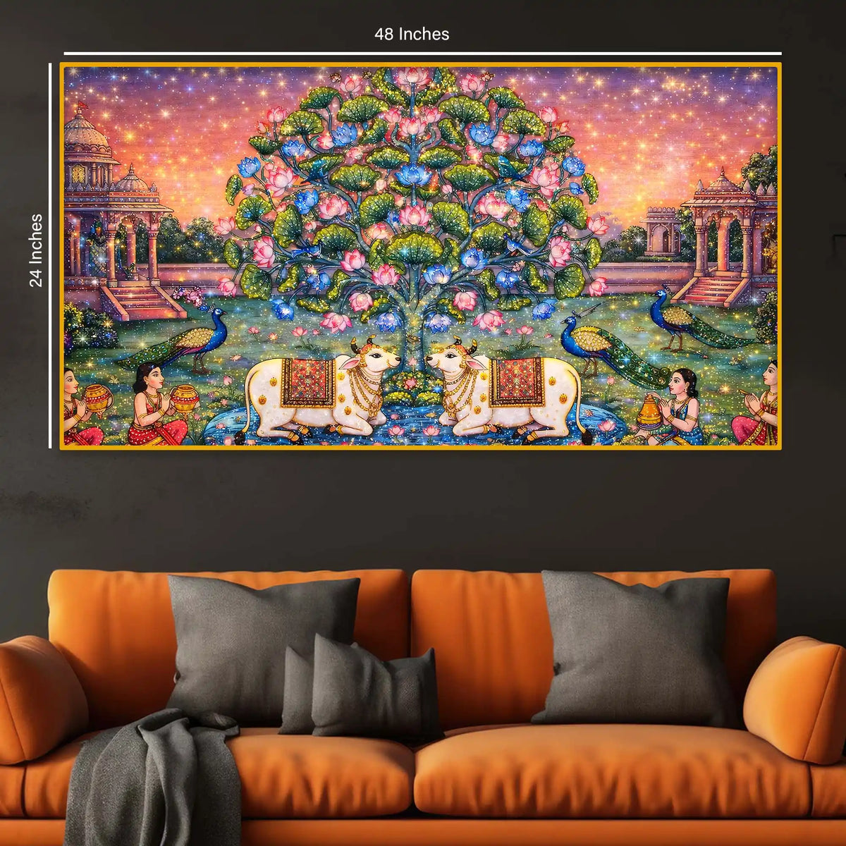 Traditional Indian Gau Mata Painting Crystal Glass Wall Art for Festive Home Décor