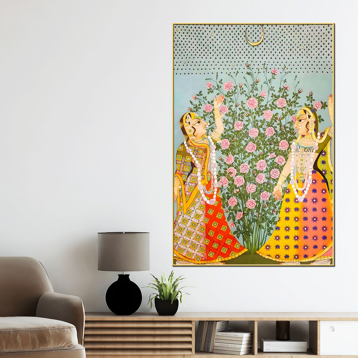 Traditional Indian Gopikas Under the Moon Pichwai Canvas Painting
