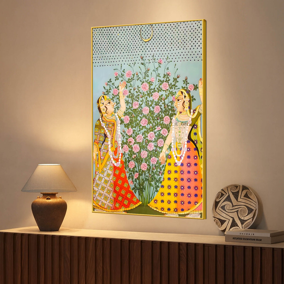 Traditional Indian Gopikas Under the Moon Pichwai Canvas Painting