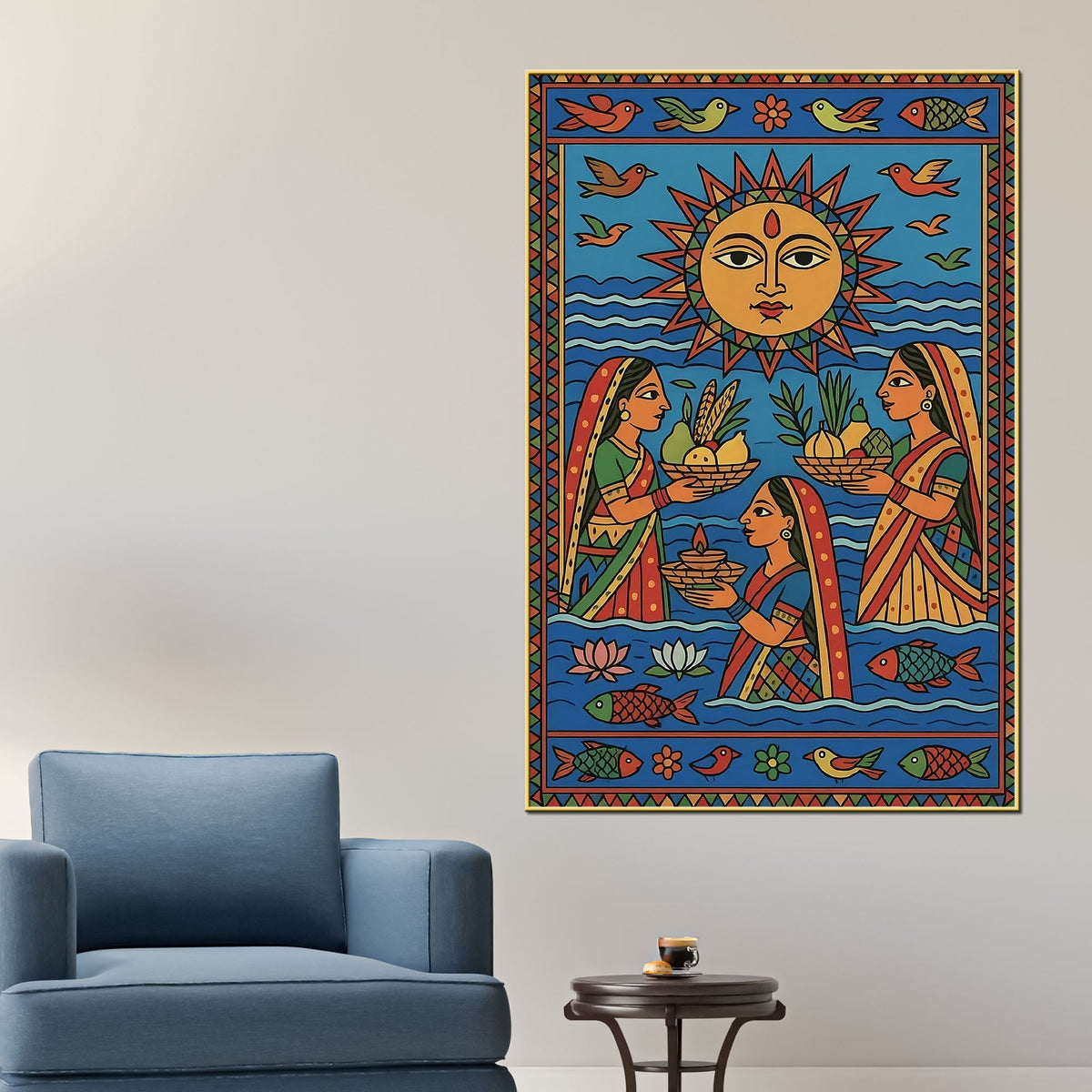 Traditional Indian Women Puja Canvas Painting Madhubani Style Wall Decor