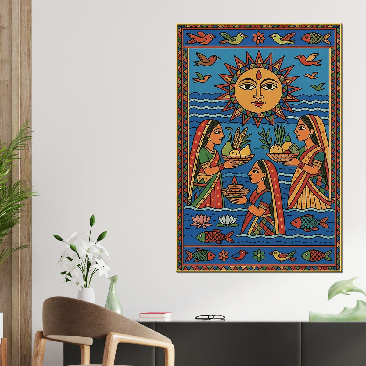 Traditional Indian Women Puja Canvas Painting Madhubani Style Wall Decor