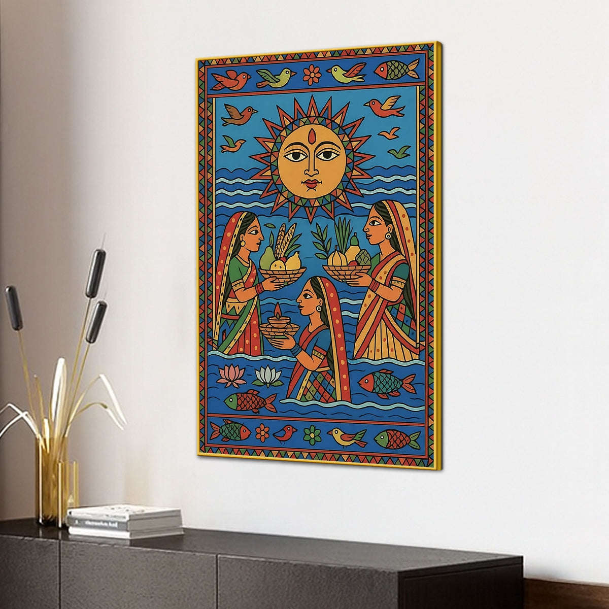 Traditional Indian Women Puja Canvas Painting Madhubani Style Wall Decor