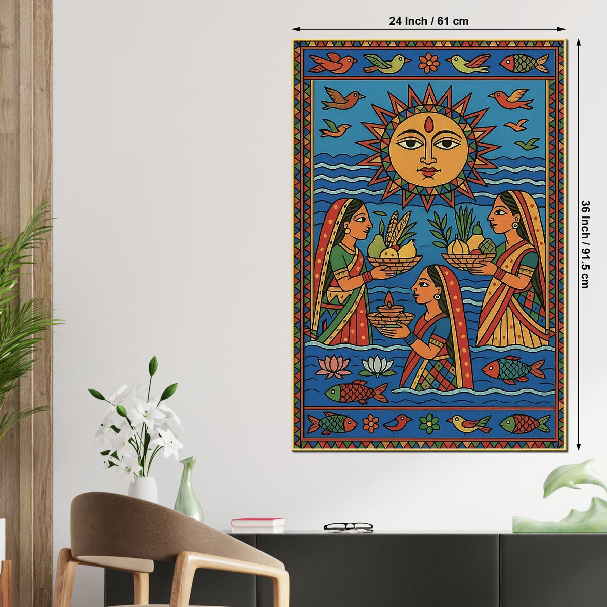 Traditional Indian Women Puja Canvas Painting Madhubani Style Wall Decor