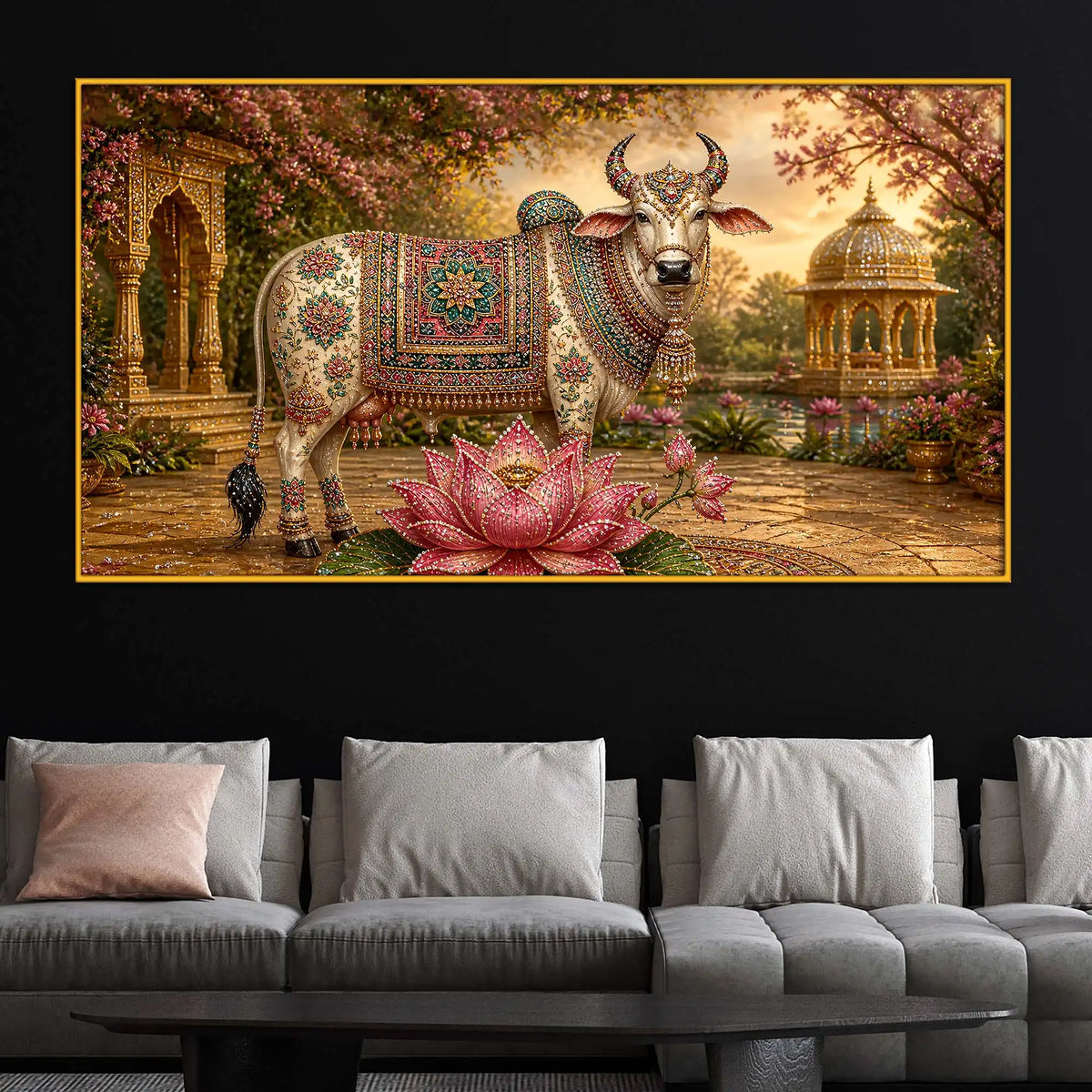 Traditional Kamdhenu Floating Frame Crystal Wall Painting