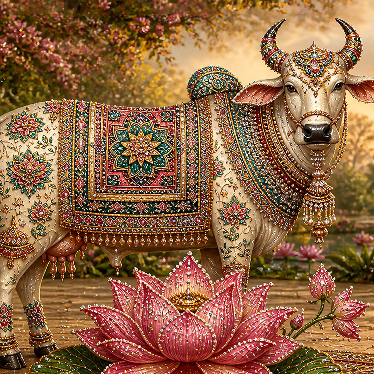 Traditional Kamdhenu Floating Frame Crystal Wall Painting