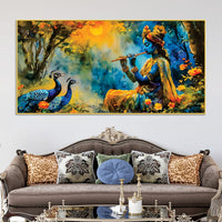 Traditional Lord Krishna Painting with Peacock for Home Wall