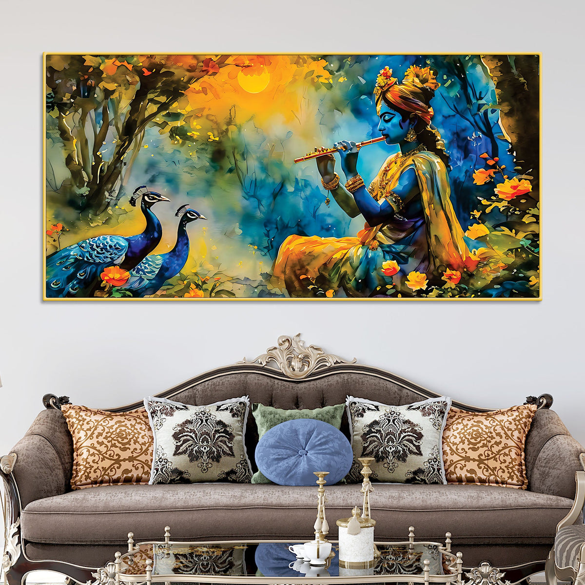 Traditional Lord Krishna Painting with Peacock for Home Wall