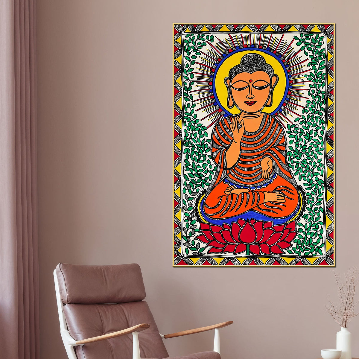 Traditional Madhubani Buddha Canvas Painting