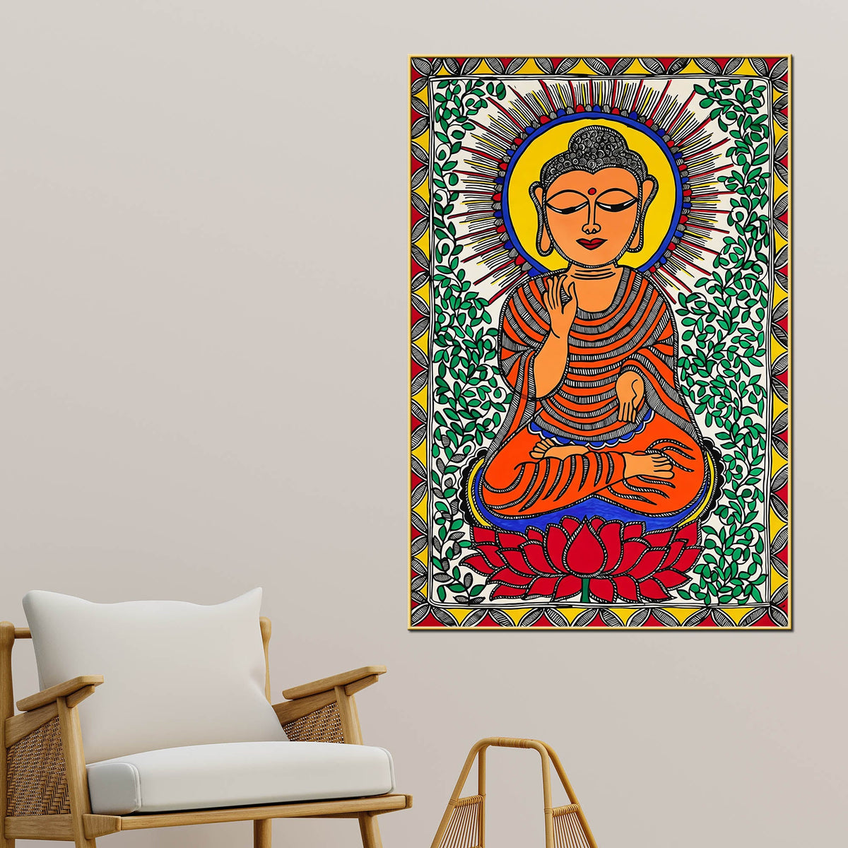 Traditional Madhubani Buddha Canvas Painting