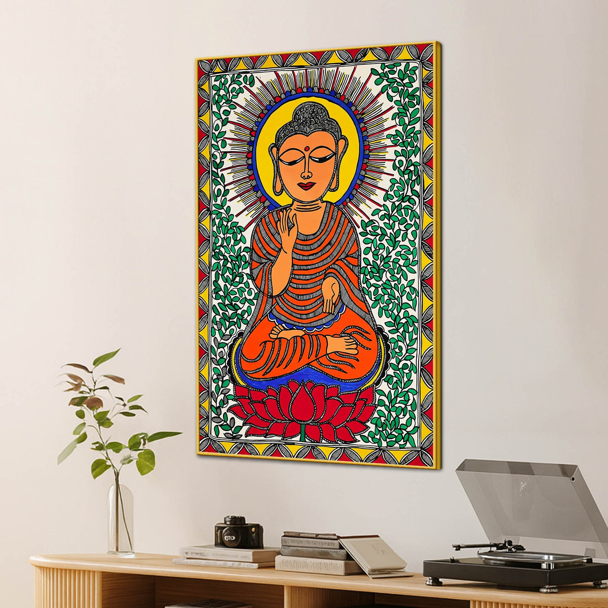 Traditional Madhubani Buddha Canvas Painting