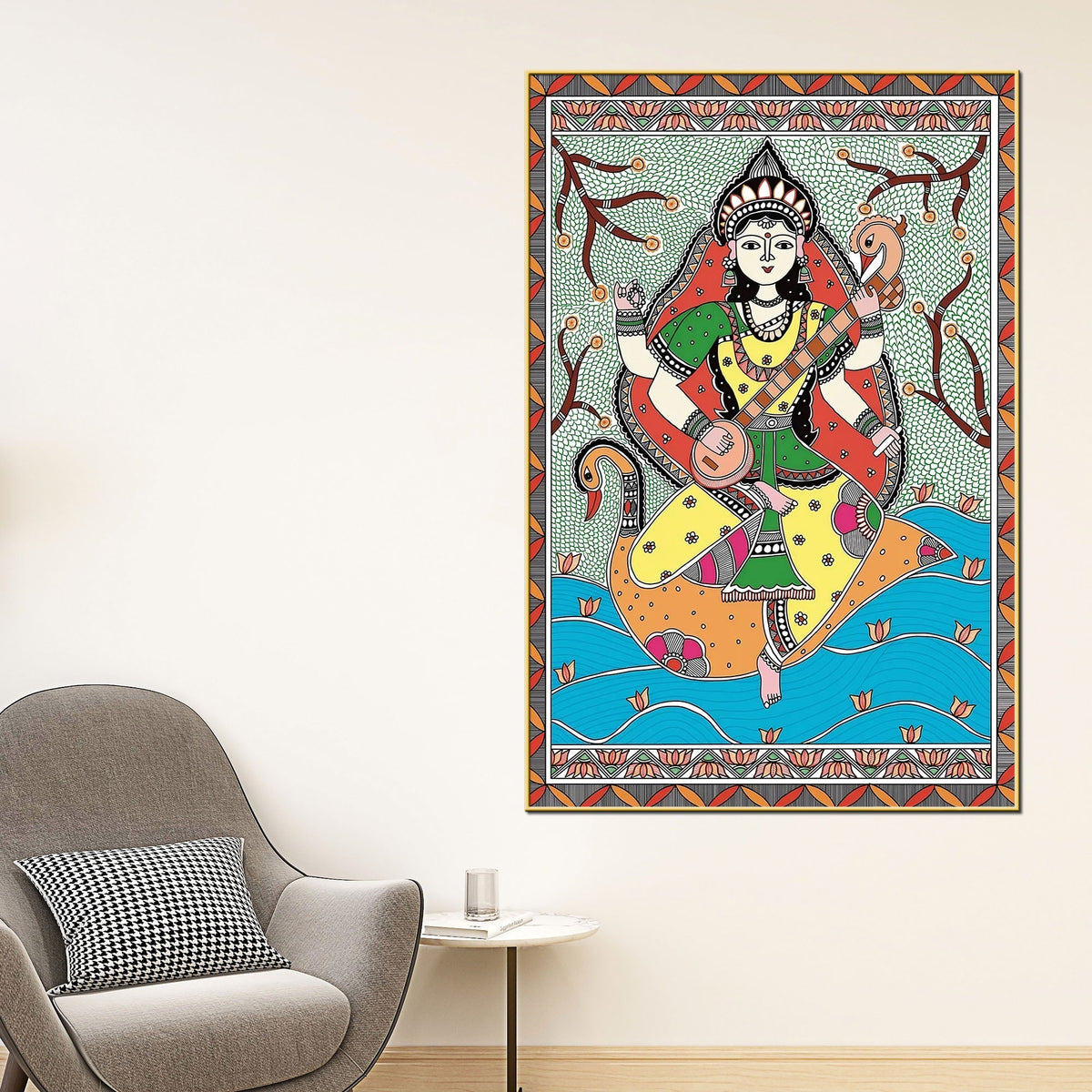 Traditional Madhubani Goddess Saraswati Canvas Painting